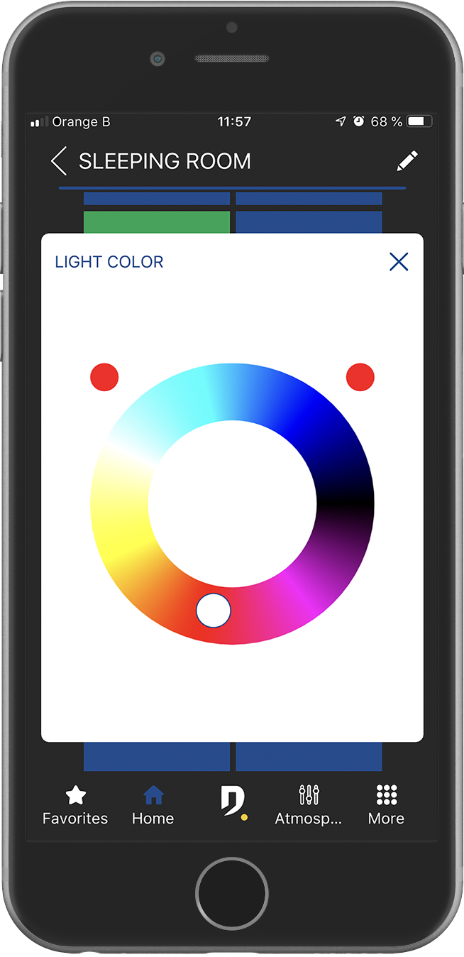 smartphone avec écran de sélection de couleur de l'application Domintell Pilot