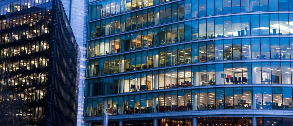 exterior view of office buildings with bay windows