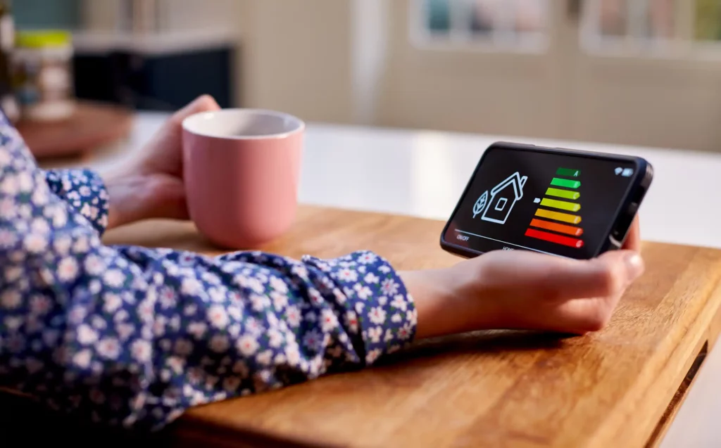 person at table holding a cup of coffee and a smartphone with energy curves